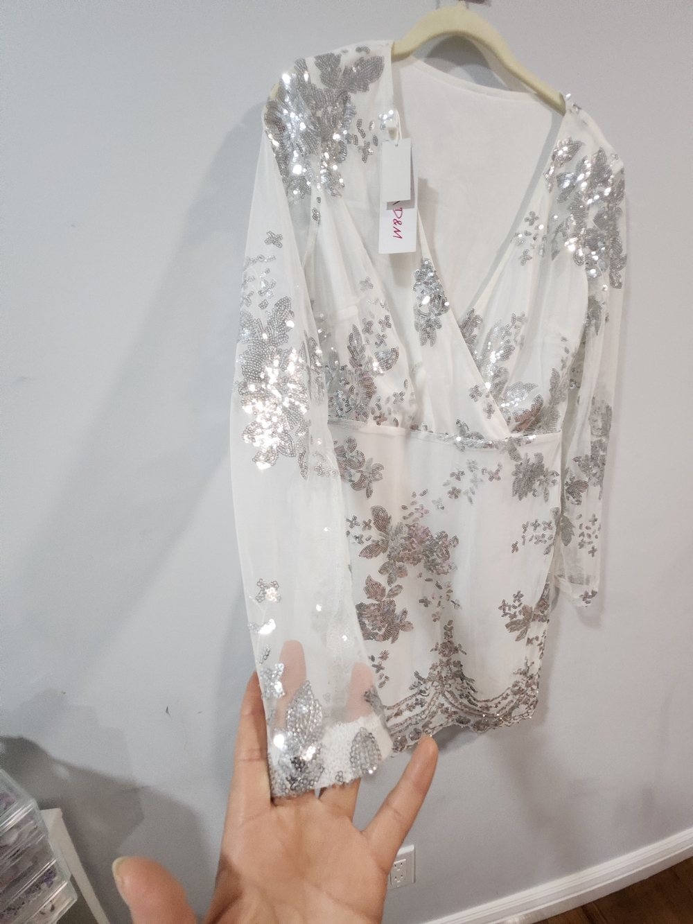 White Sequin Floral Wrap Dress - Picture 3 of 7